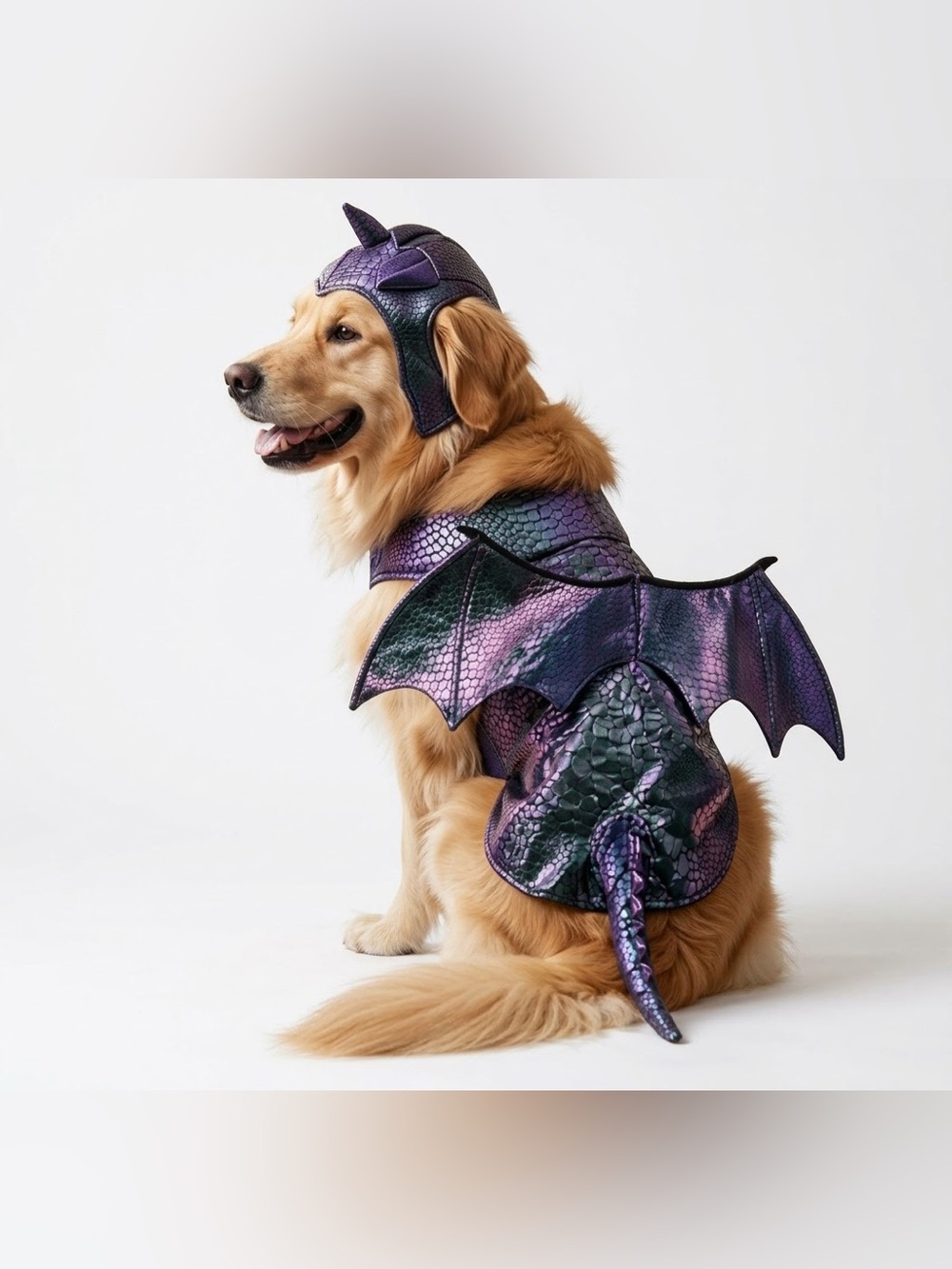 Shimmering Purple Dragon Dog Costume with Wings & Horned Headpiece. Size Large